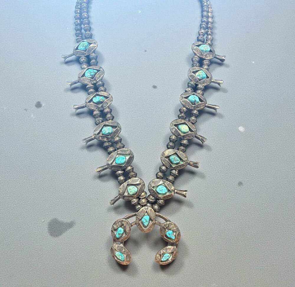 OLD Hand Stamped Sterling Silver HIGH BLUE TURQUOISE Squash Blossom NECKLACE